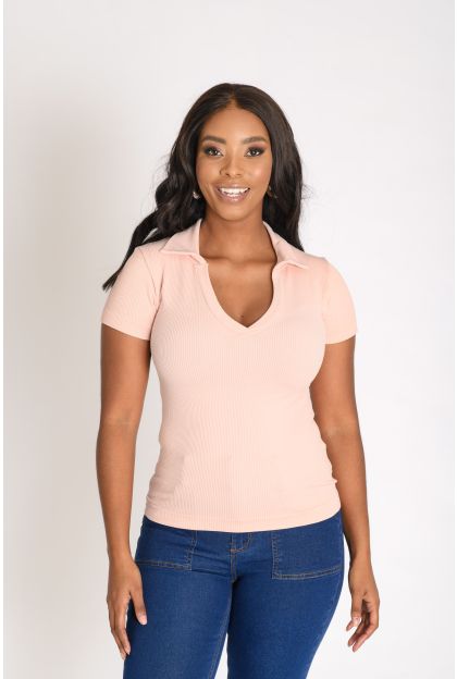 Ss Plain Rib Collar Top