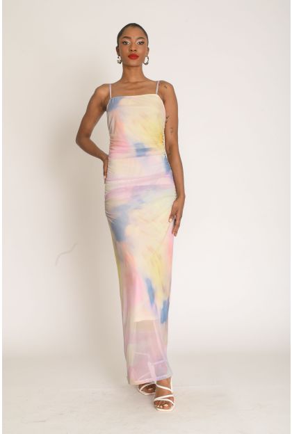 Print Mesh Maxi Dress