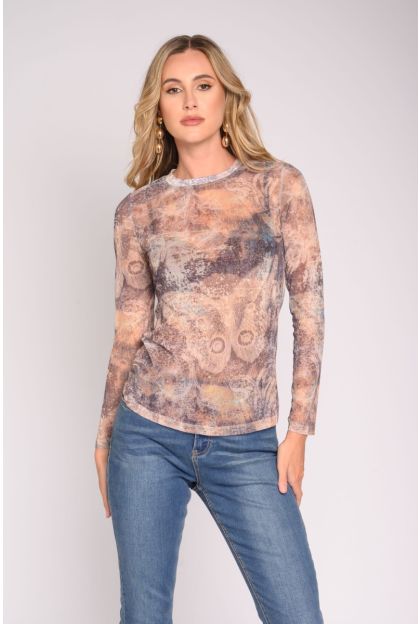 Print Mesh Long Sleeve Top