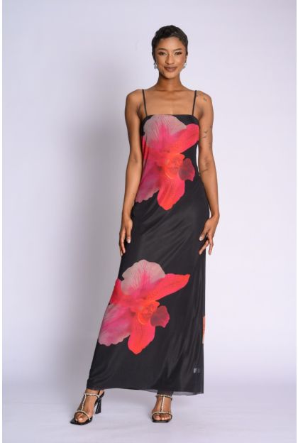 Print Mesh Maxi Dress