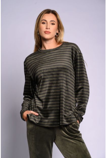 Khaki Stripe Velour Top