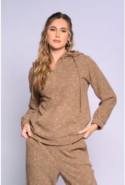 Rib Brushed Melange Top Brown